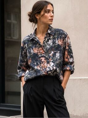 COS Floral Botanical Print Button Front Shirt Blouse Oversized Cotton Top
